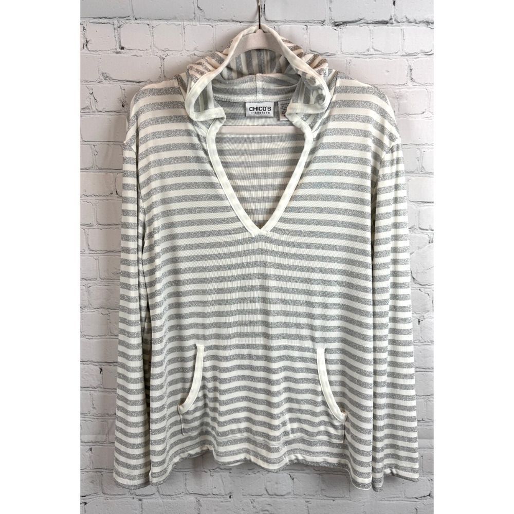 CHICO'S TRAVELERS white silver striped hoodie knit sweater pullover size 3 (XL)